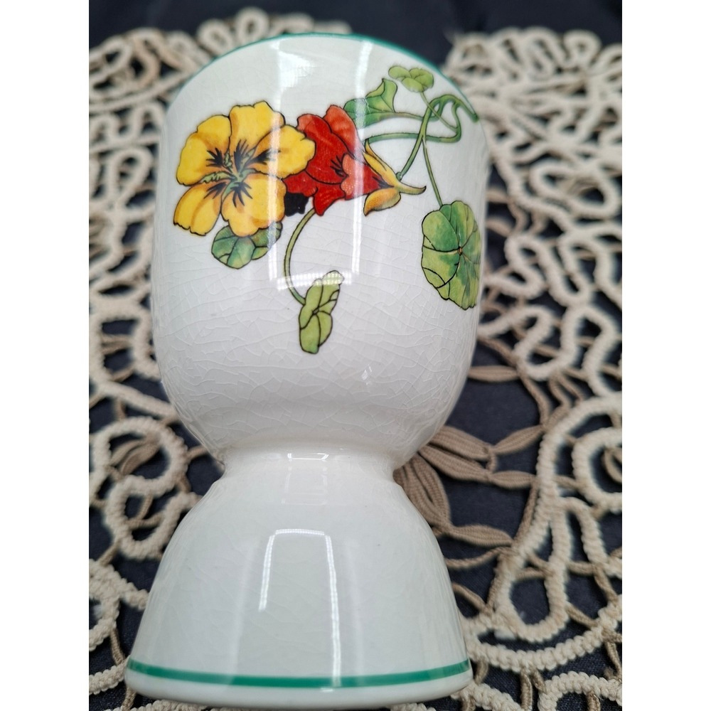 Vintage Ceramic Egg Cup Nasturtium Floral Pattern Green Trim Pedestal Base